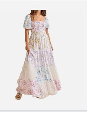 Pastel Floral Square-Neck Tiered Maxi Dress